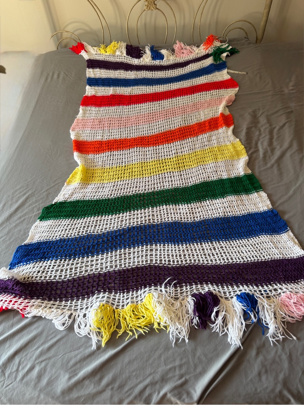 Vintage Hand-Crocheted Rainbow Striped Fringe Afghan Blanket / Throw